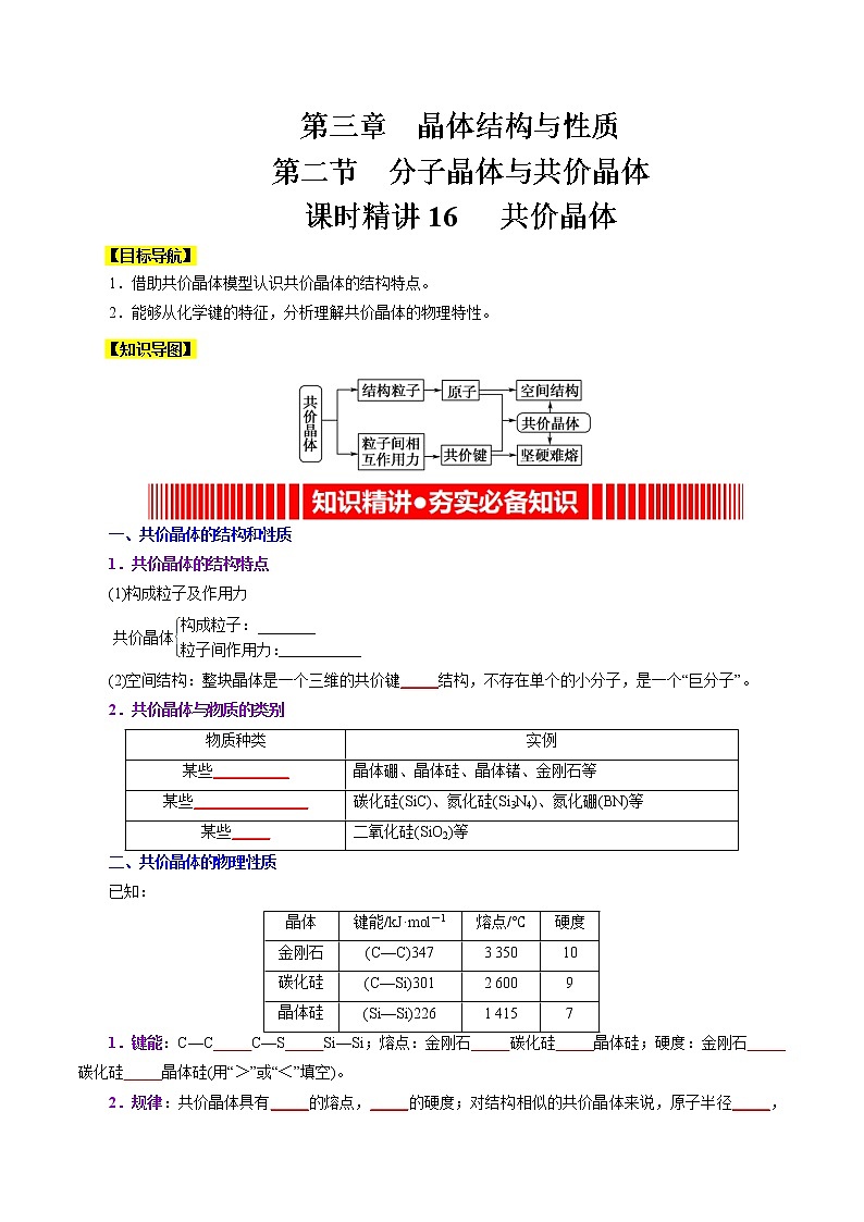 课时16   共价晶体（精讲）-高二化学精讲精练（人教2019选择性必修2）01