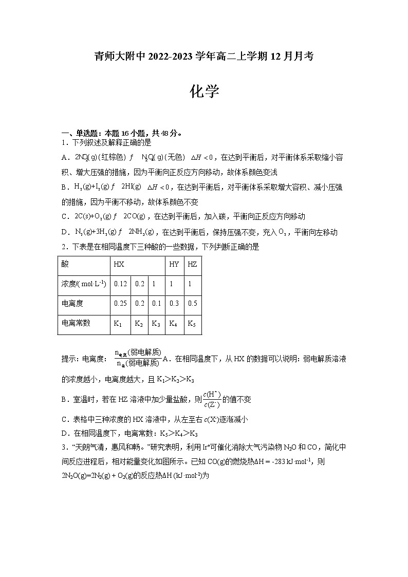 2022-2023学年青海省西宁市城西区青师大附中高二上学期12月月考化学试题（Word版含答案）第1页