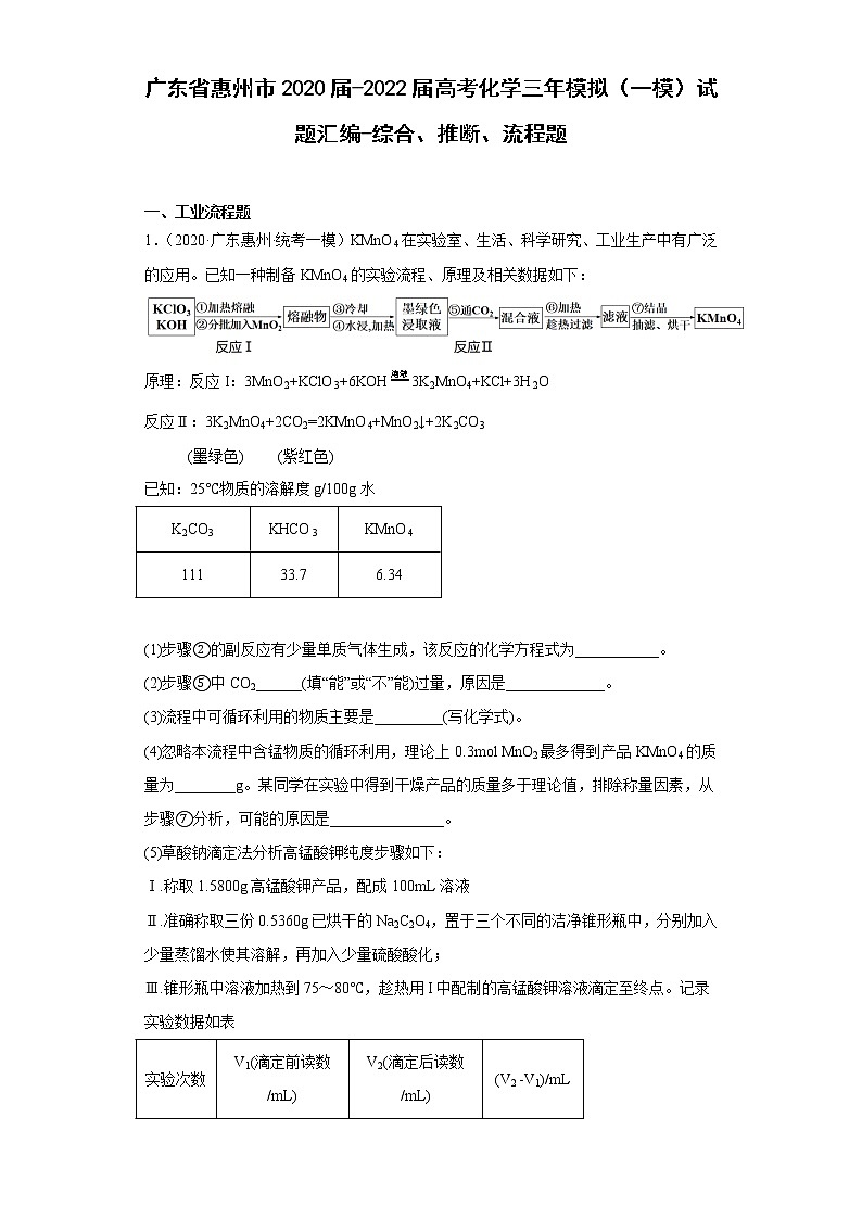 广东省惠州市2020届-2022届高考化学三年模拟（一模）试题汇编-综合、推断、流程题01