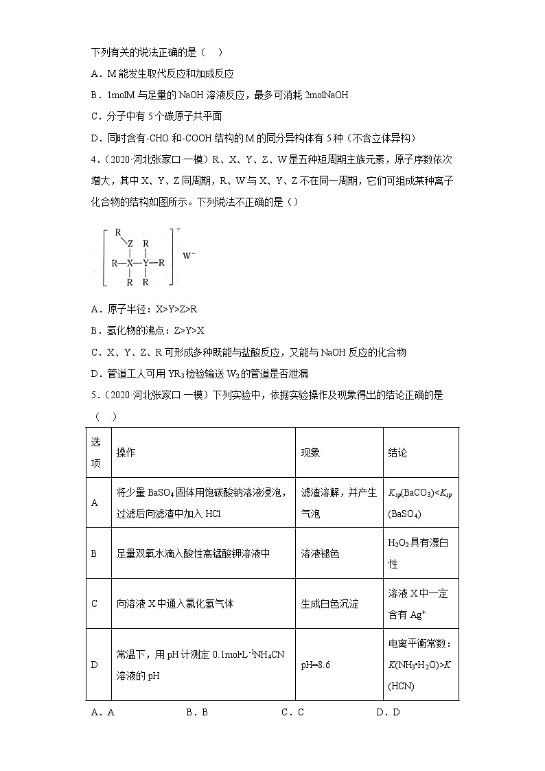 河北省张家口市2020届-2022届高考化学三年模拟（一模）试题汇编-选择题02