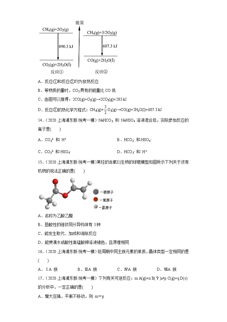 上海市浦东新区2020届-2022届高考化学三年模拟（一模）试题汇编-选择题第3页
