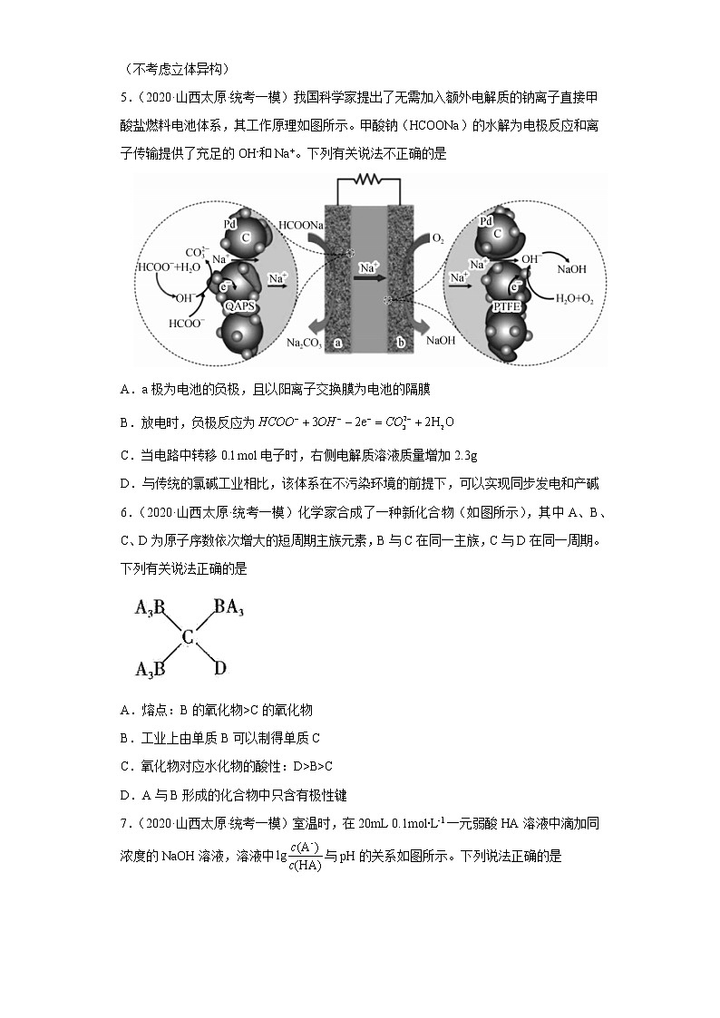 山西省太原市2020届-2022届高考化学三年模拟（一模）试题汇编-选择题02