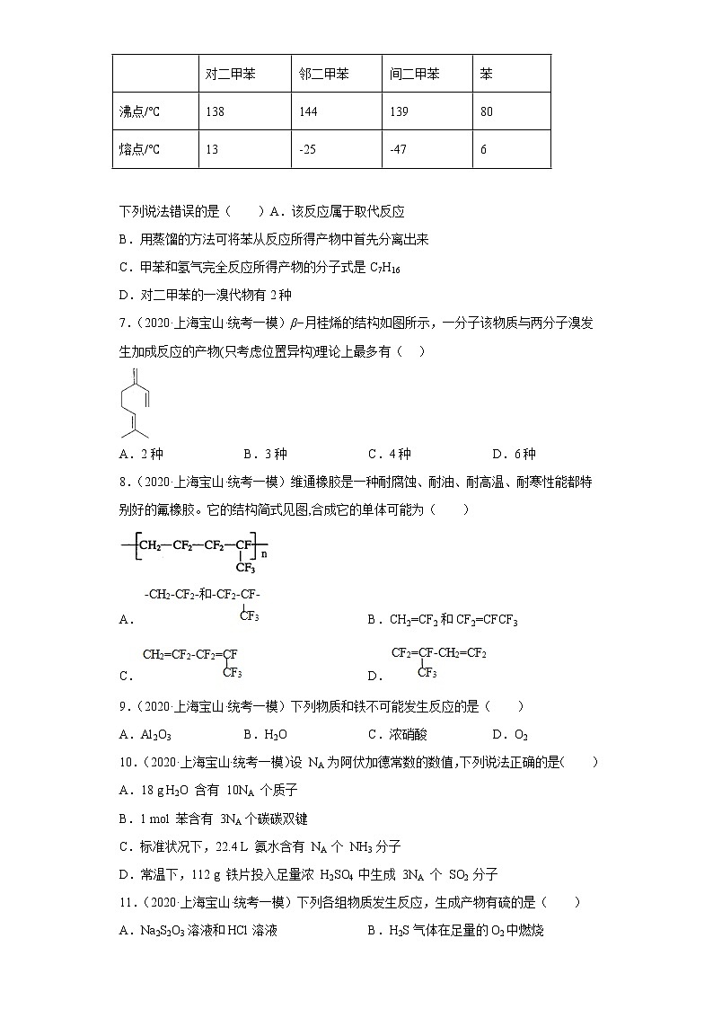上海市宝山区2020届-2022届高考化学三年模拟（一模）试题汇编-选择题第2页