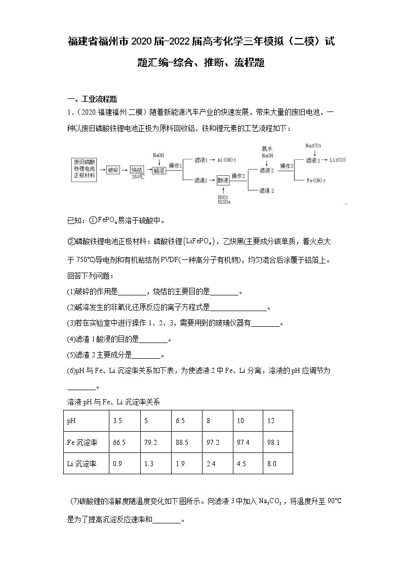 福建省福州市2020届-2022届高考化学三年模拟（二模）试题汇编-综合、推断、流程题01
