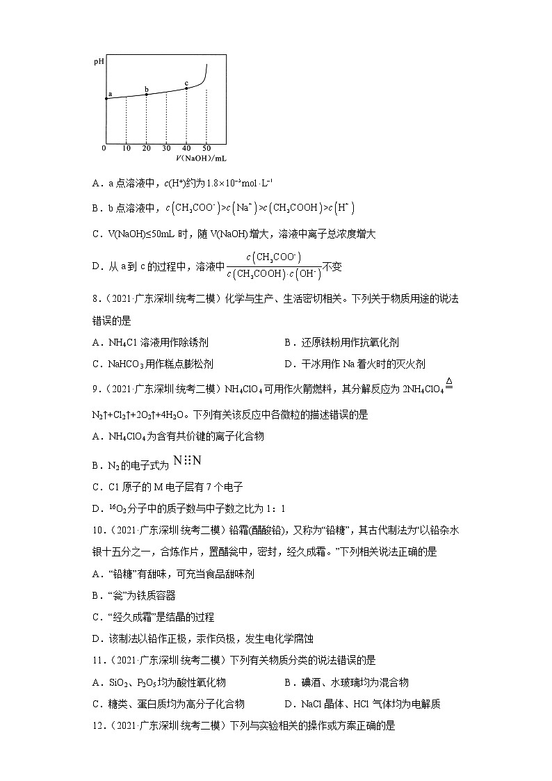 广东省深圳市2020届-2022届高考化学三年模拟（二模）试题汇编-选择题03