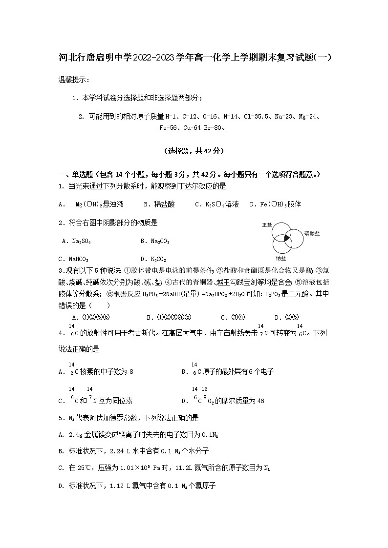 河北行唐启明中学2022-2023学年高一上学期期末复习试题（一）化学试题(含答案)第1页