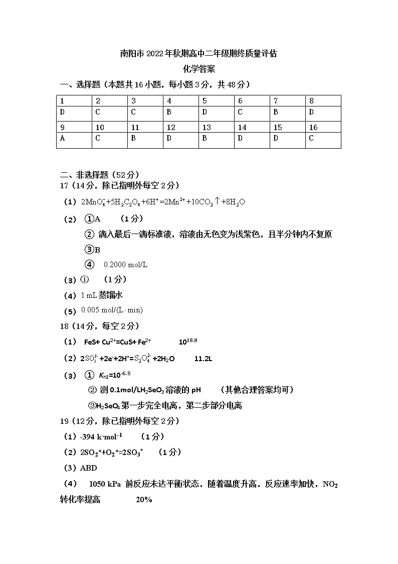 河南省南阳市2022-2023学年高二上学期期末质量评估化学答案第1页