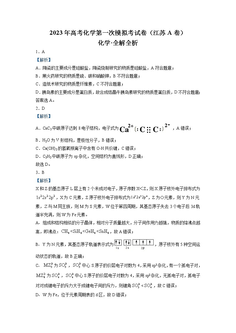 2023年高考第一次模拟考试卷：化学（江苏A卷）（全解全析）01