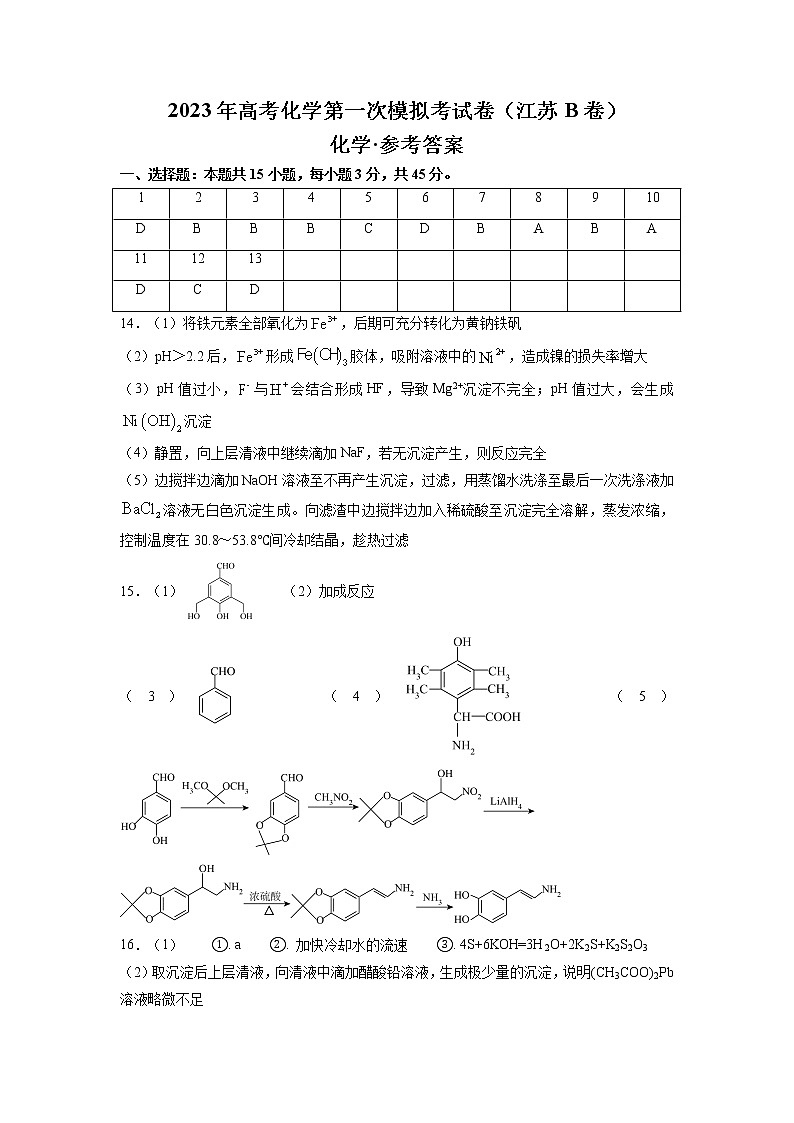 2023年高考第一次模拟考试卷：化学（江苏B卷）（参考答案）第1页
