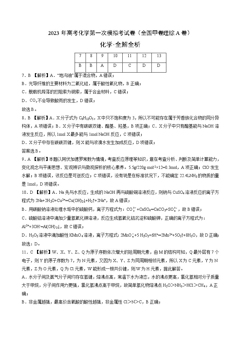2023年高考第一次模拟考试卷：化学（全国甲卷理综A卷）（全解全析）第1页