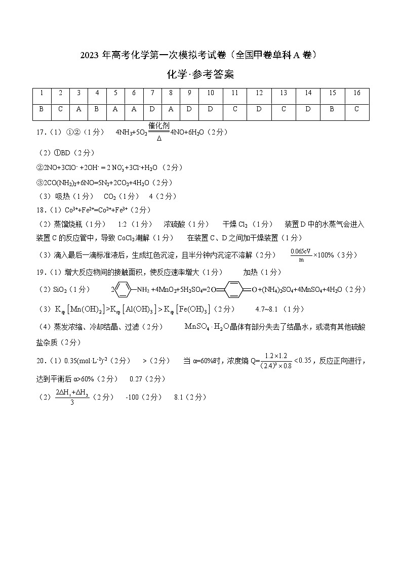 2023年高考第一次模拟考试卷：化学（全国甲卷单科A卷）（参考答案）第1页