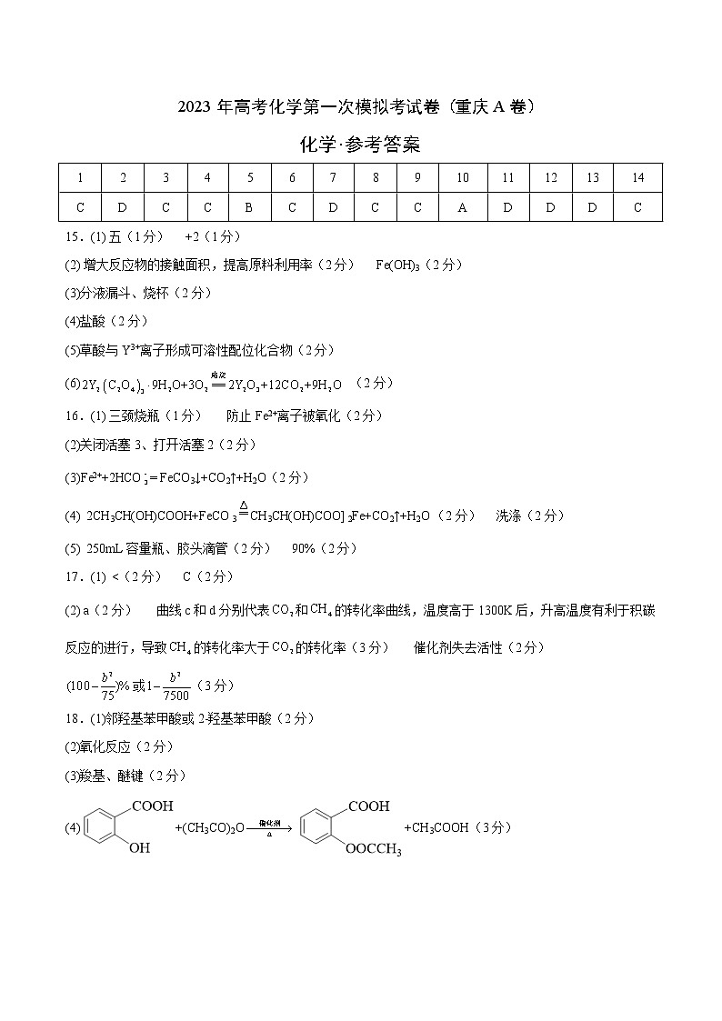 2023年高考第一次模拟考试卷：化学（重庆A卷）（参考答案）01