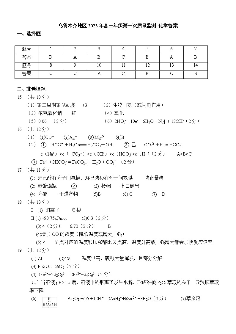 2023乌鲁木齐自治区高三下学期第一次质量监测（一模）化学PDF版含答案01