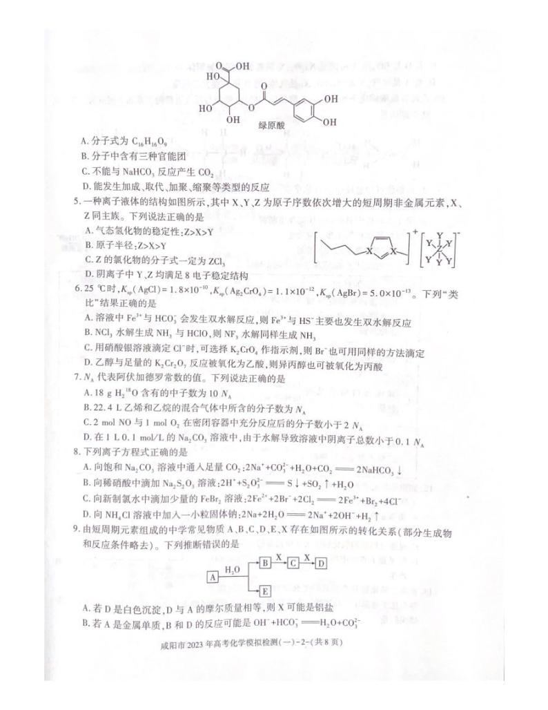 陕西省咸阳市2023年高考模拟检测一（咸阳一模） 化学试题及答案02