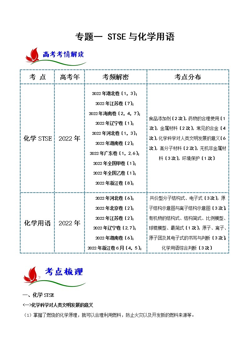 专题一 STSE与化学用语- 2023 高考化学二轮复习讲与练(全国通用)01
