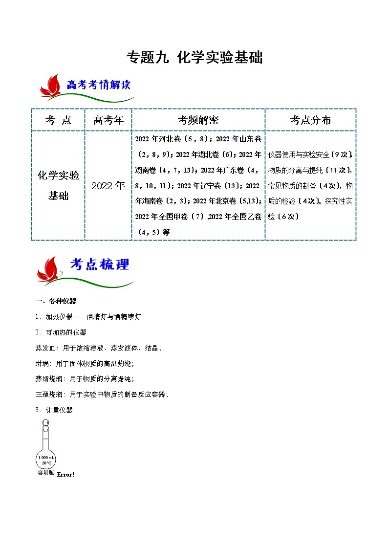 专题九 化学实验基础- 2023 高考化学二轮复习讲与练(全国通用)01