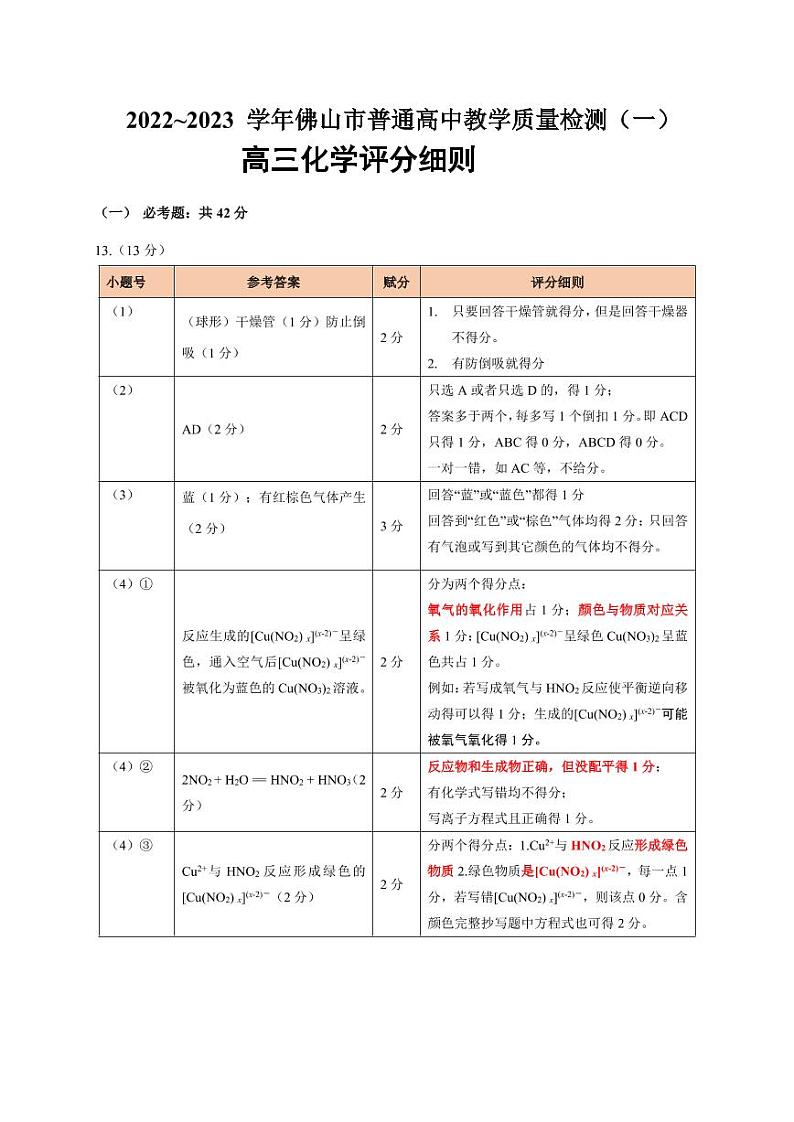 广东省佛山市2022-2023学年高三上学期教学质量检测（一模）化学答案第1页