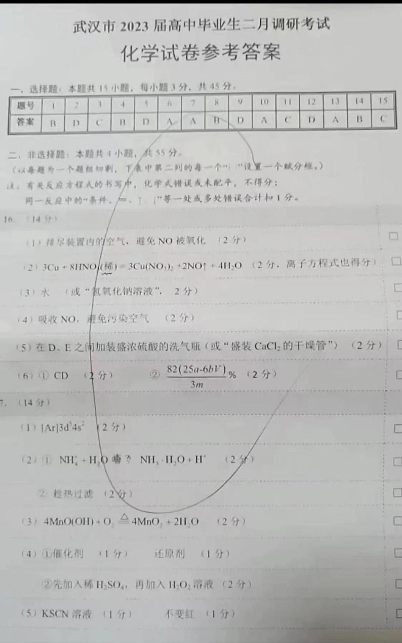 湖北省武汉市2022-2023学年高中毕业生二月调研考试 化学试题及答案01