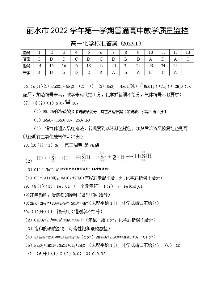 2023丽水高一上学期1月期末化学试卷含答案01