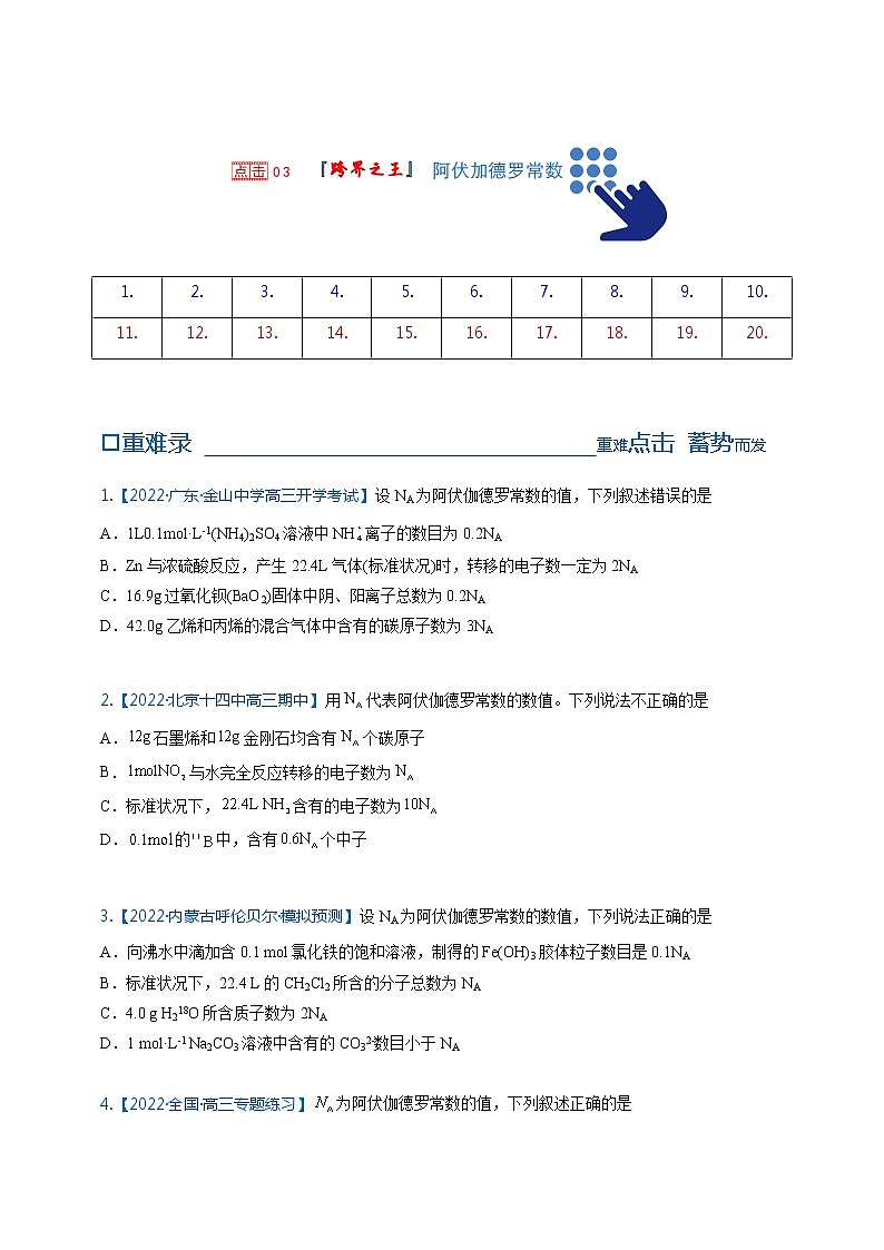 【备考2023】高考化学重难点专题特训学案（全国通用）——03 阿伏伽德罗常数 （原卷版+解析版）01