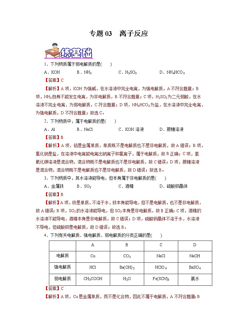 专题03  离子反应（练）（解析版）第1页