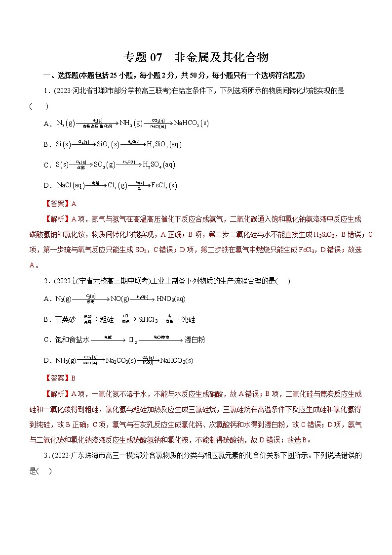 专题07  非金属及其化合物（测）（解析版）第1页