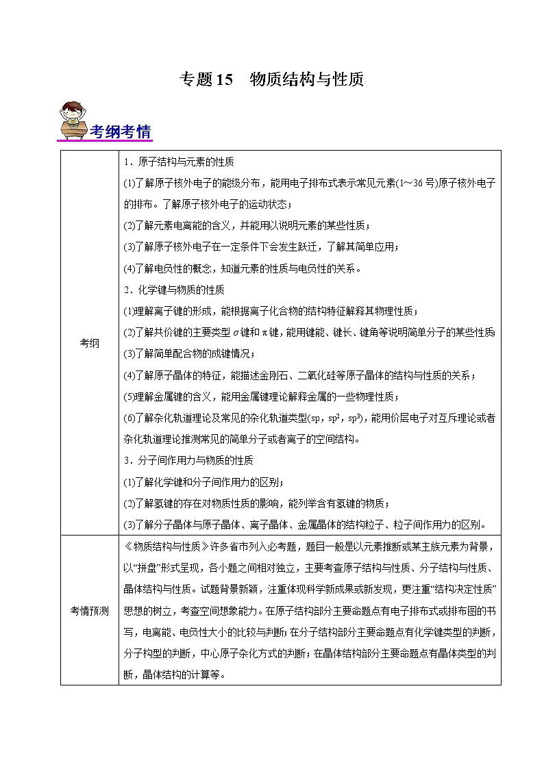 【高考二轮复习】2023年高考化学精讲+精练+小测（全国通用）——专题15  物质结构与性质（讲）（原卷版+解析版）01