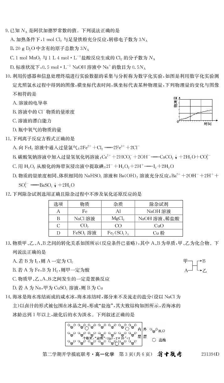 2023安徽省十校联考高一下学期开学摸底联考试题化学PDF版含答案03