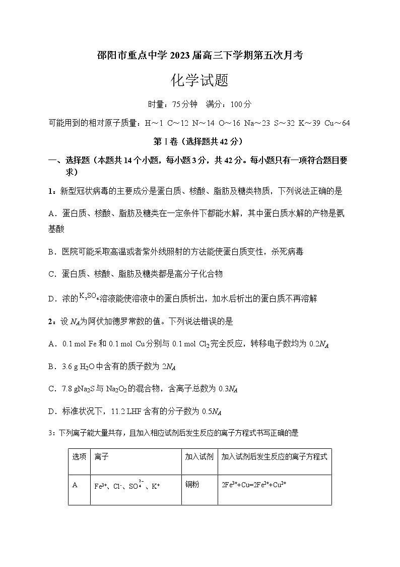 湖南省邵阳市重点中学2023届高三下学期第五次月考化学试题（含答案）01