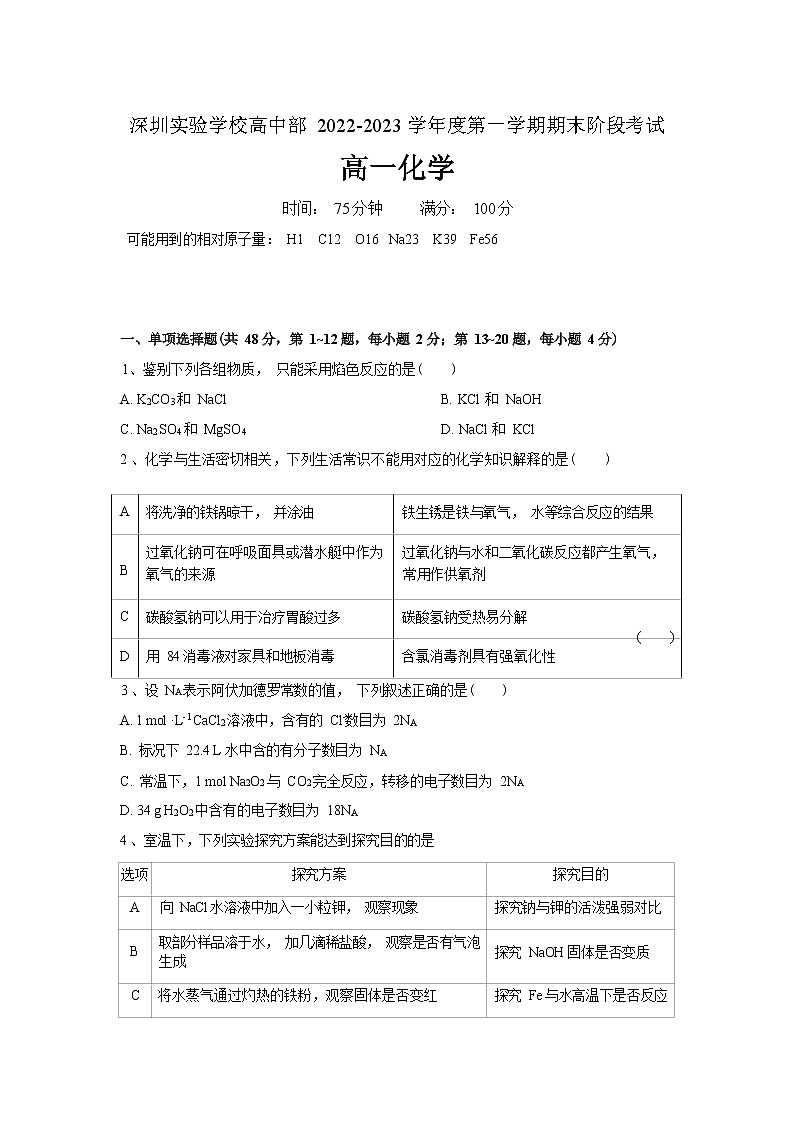 广东省深圳实验学校高中部2022-2023学年高一上学期期末阶段考试化学试题第1页