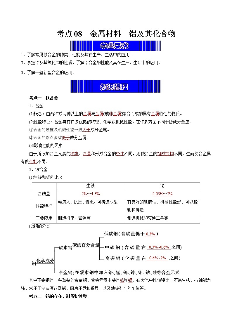 考点08  金属材料  铝及其化合物（教师版）第1页