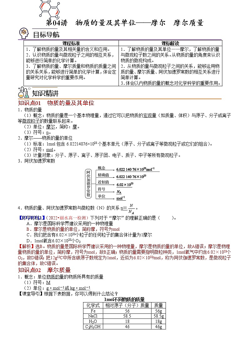 第04讲 物质的量及其单位——摩尔摩尔  质量-高一化学同步精品讲义（鲁科必修第一册 ）01