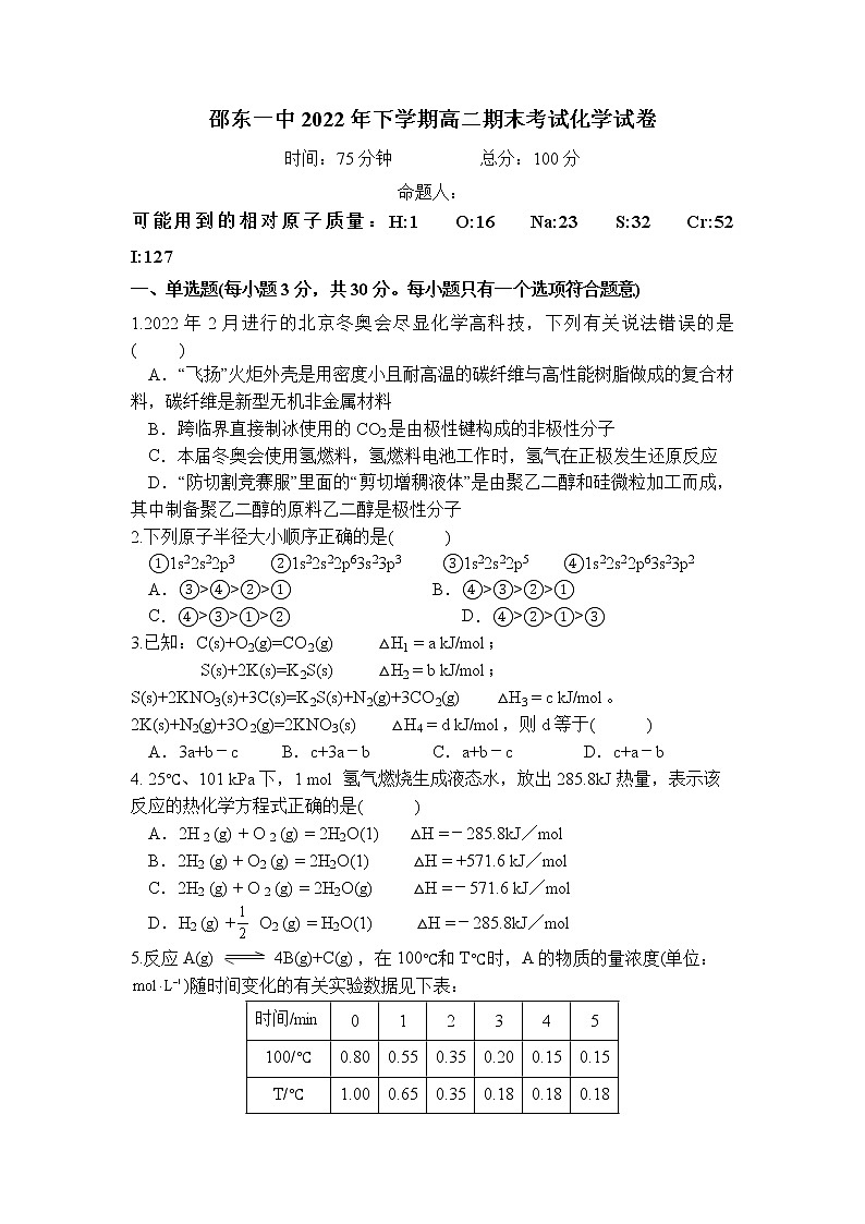 2022-2023学年湖南省邵东市第一中学高二上学期期末考试化学试题 解析版第1页