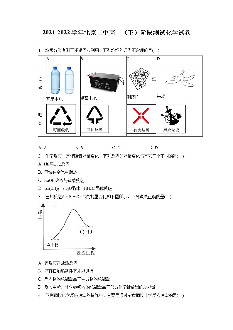 2021-2022学年北京二中高一（下）阶段测试化学试卷（含答案解析）第1页