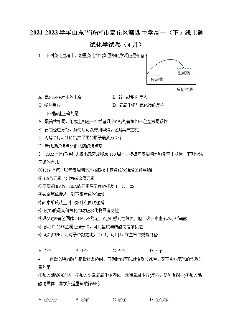 2021-2022学年山东省济南市章丘区第四中学高一（下）线上测试化学试卷（4月）（含答案解析）01