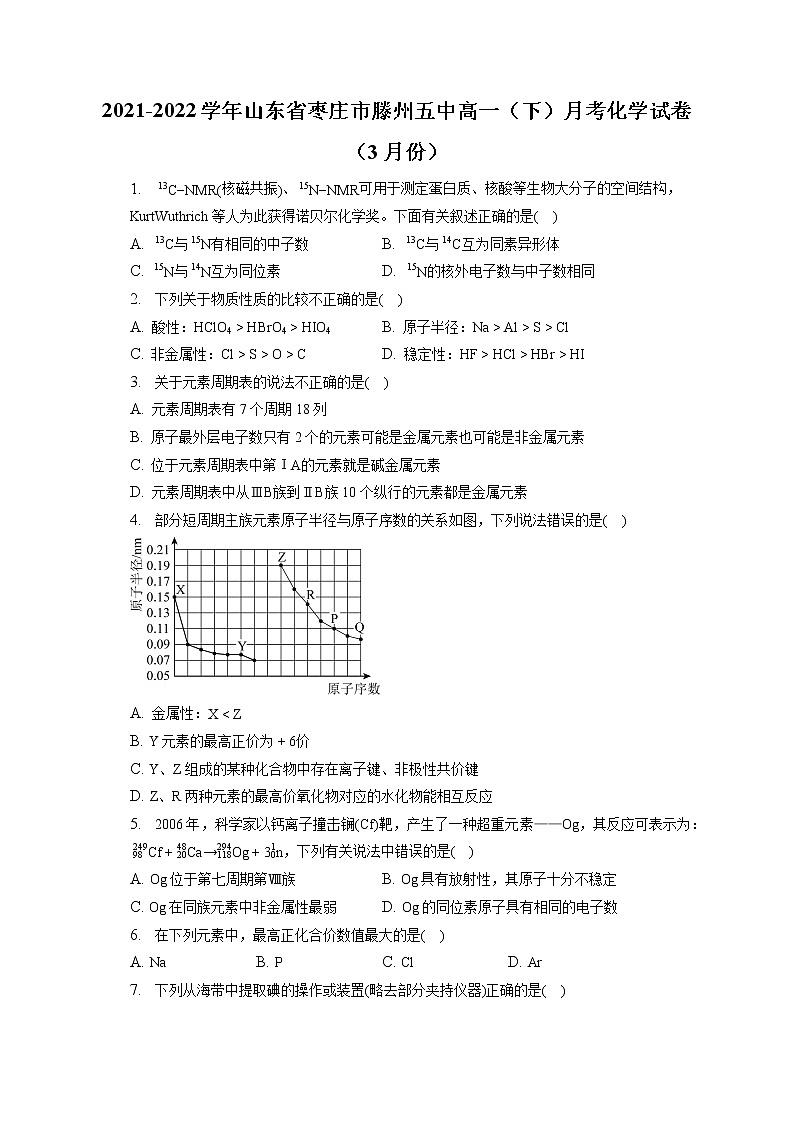 2021-2022学年山东省枣庄市滕州五中高一（下）月考化学试卷（3月份）（含答案解析）01