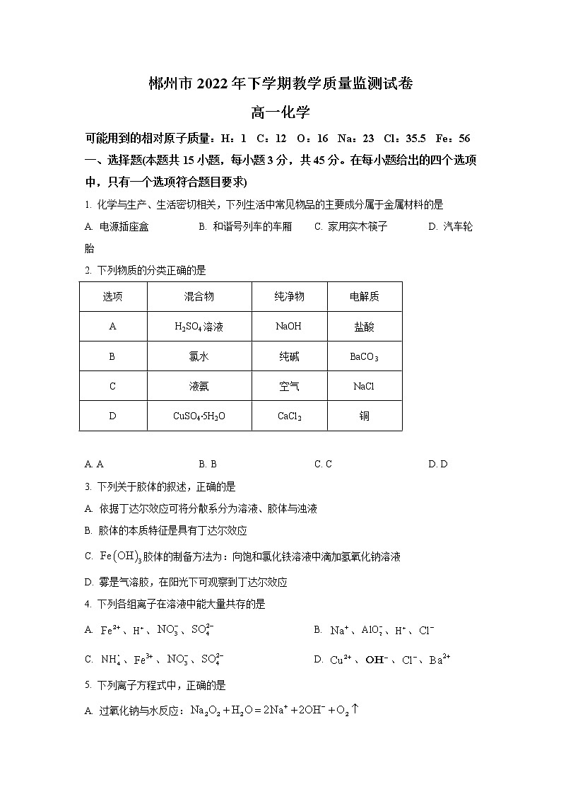 湖南省郴州市2022-2023学年高一上学期期末化学试题（解析版）第1页