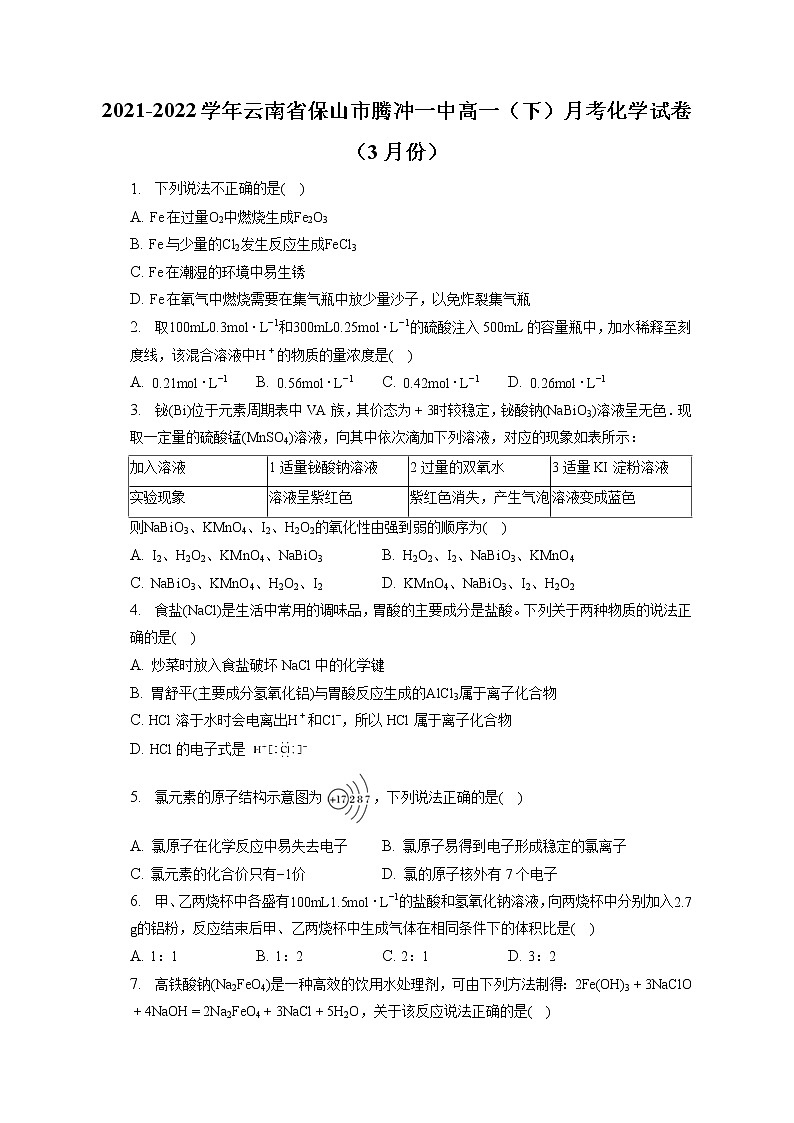 2021-2022学年云南省保山市腾冲一中高一（下）月考化学试卷（3月份）（含答案解析）01