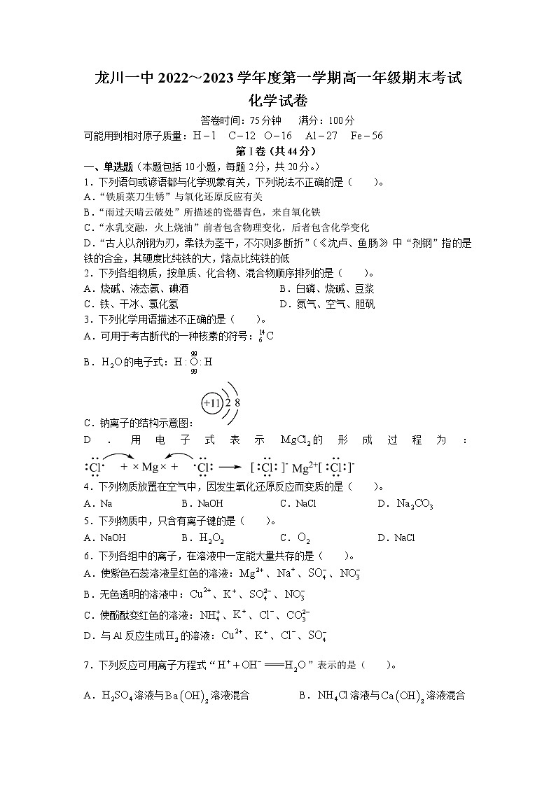 广东省河源市龙川县第一中学2022-2023学年高一上学期期末考试化学试题01