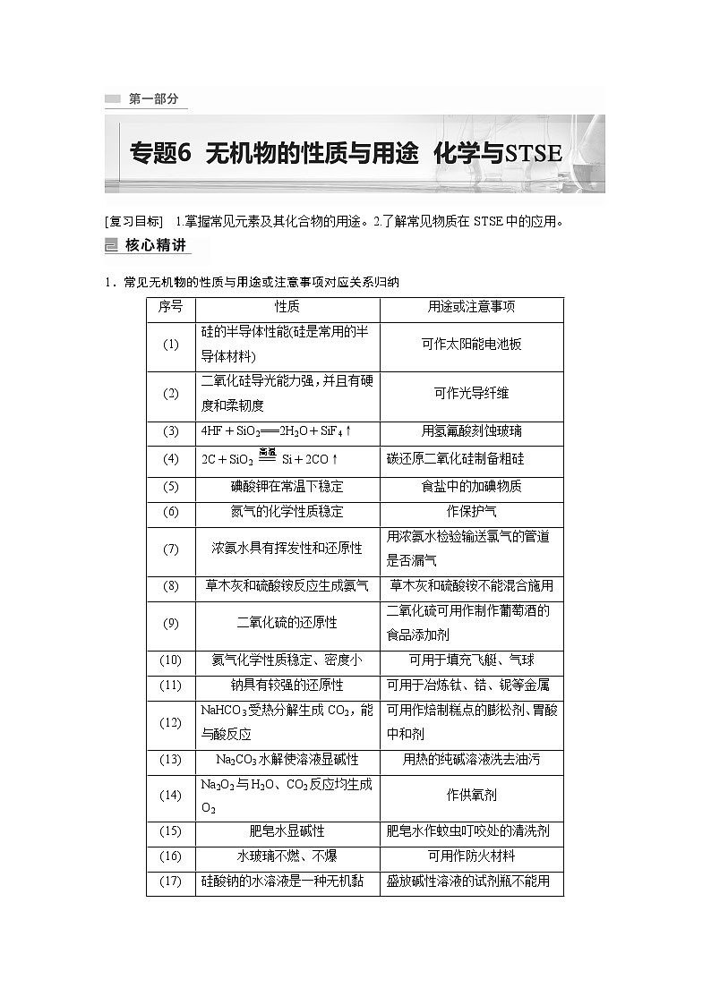 2023年高考化学二轮复习（新高考版）专题6无机物的性质与用途化学与STSE(教师版)01