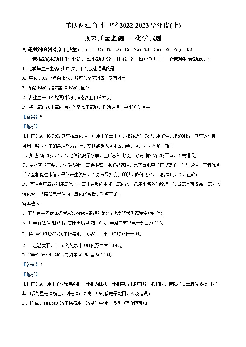 重庆市两江育才中学校2022-2023学年高二上学期期末考试化学试题含解析第1页