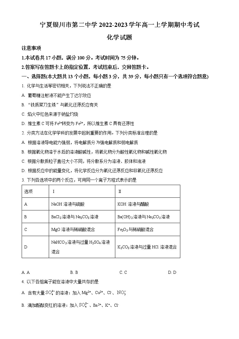 2023银川二中高一上学期期中考试化学试题含解析01
