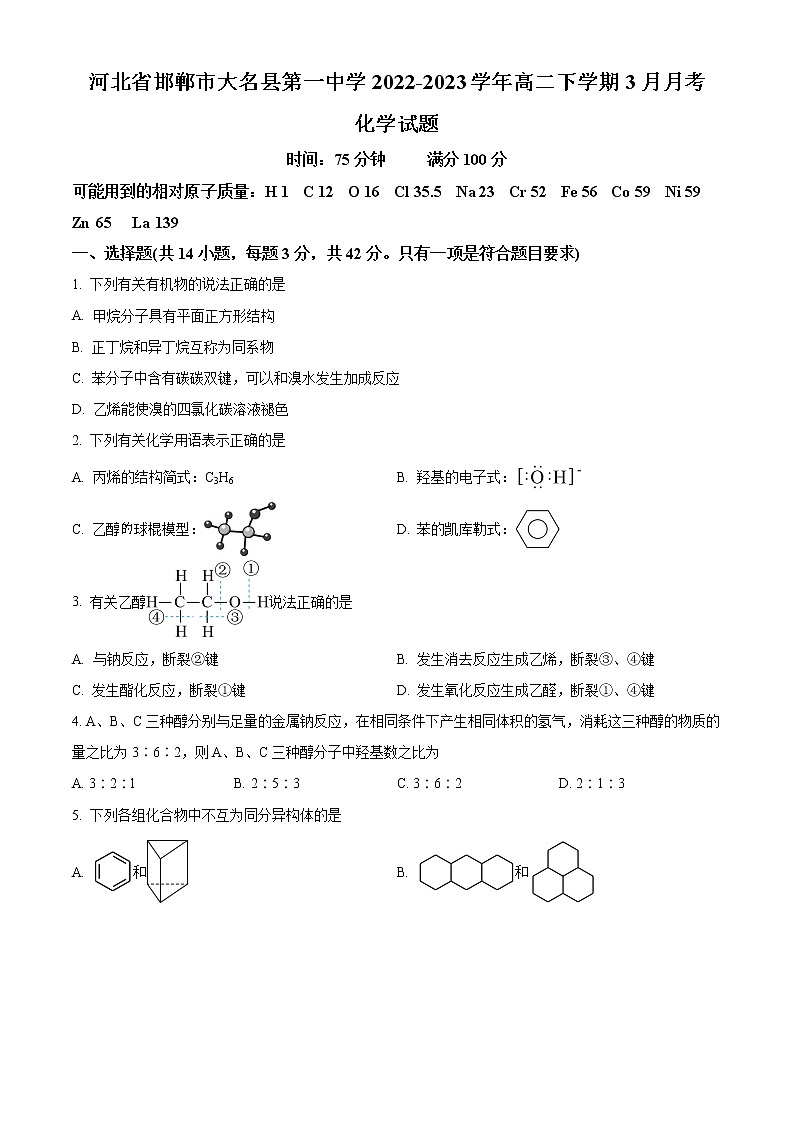 2023邯郸大名县一中高二下学期3月月考试题化学含解析01