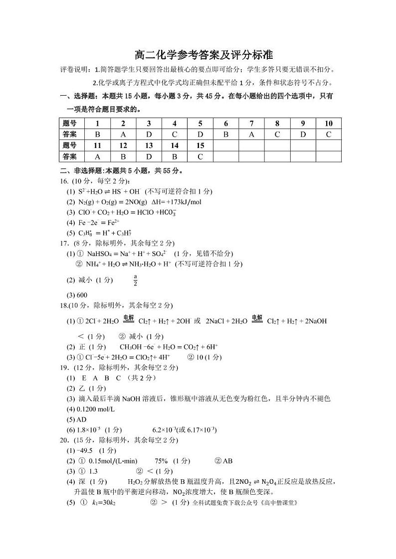 2022-2023学年河南省许昌市高二上学期期末考试化学PDF版含答案01
