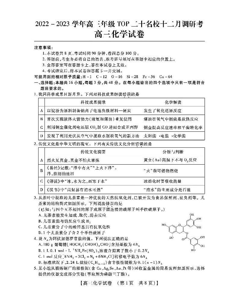 河南省TOP二十2023届高三上学期12月调研考试化学试卷PDF版含答案01