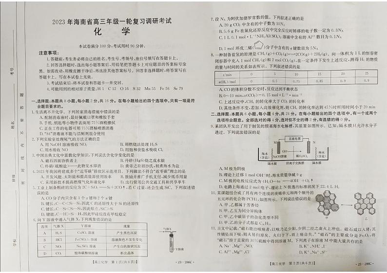 海南省2022-2023学年高三下学期一轮复习调研（一模）考试化学试题 PDF版第1页