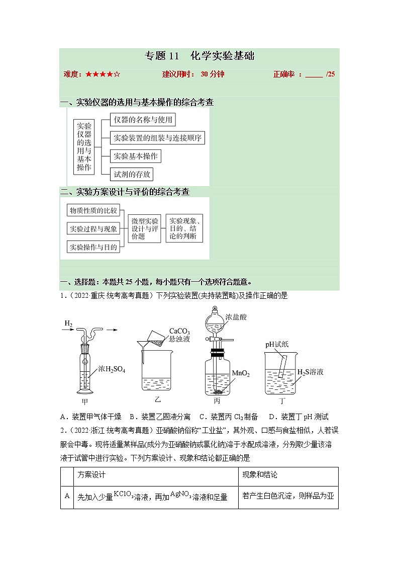卷11 化学实验基础——【备考2023】高考化学小题集训（全国通用）（原卷版+解析版）01