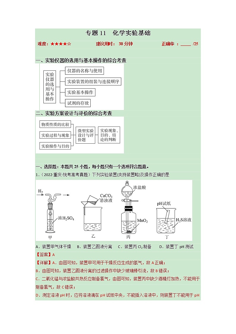 卷11 化学实验基础——【备考2023】高考化学小题集训（全国通用）（原卷版+解析版）01
