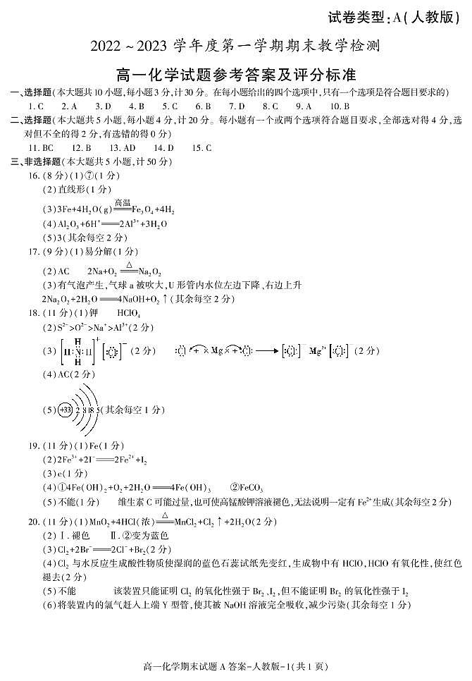 陕西省榆林市第十高级中学校2022-2023学年高一上学期期末教学检测化学试题（PDF版含答案）01