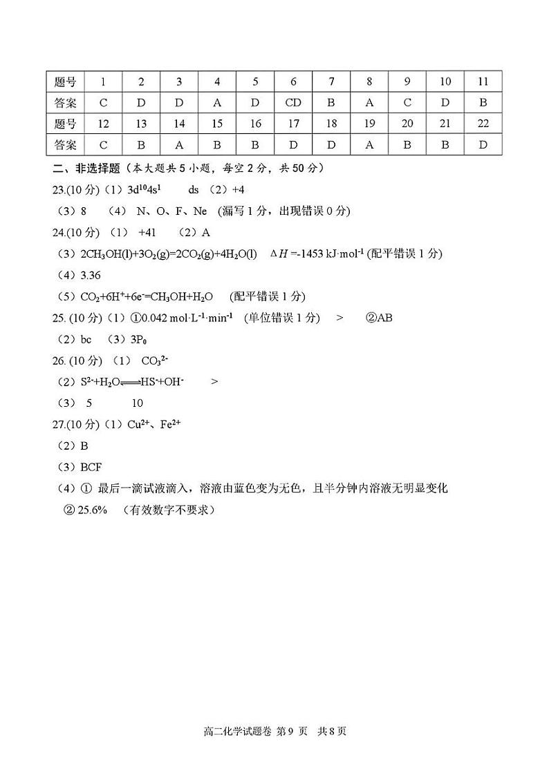浙江省丽水市2022学年第一学期普通高中教学质量监控高二化学卷（PDF版，含答案）01